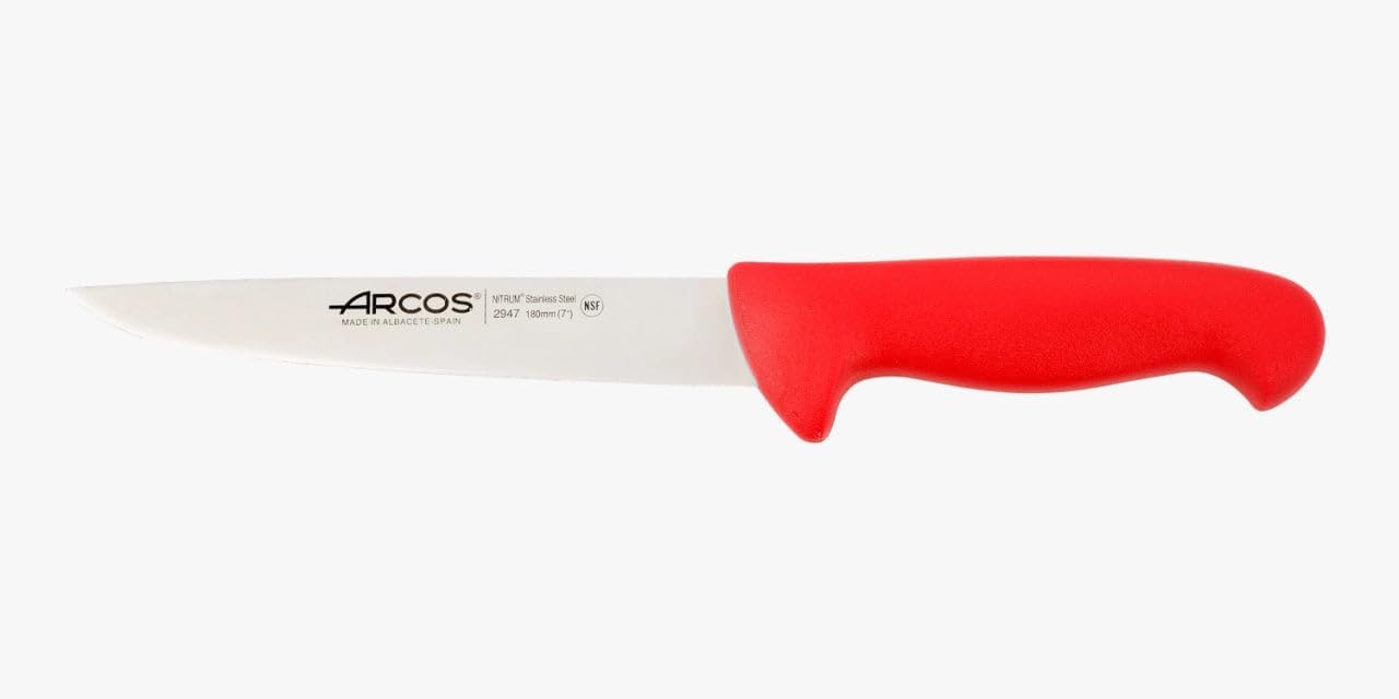Arcos Butcher Knife 7 Inch Nitrum Stainless Steel and 180 mm blade. Professional Cooking Knife For Cutting Meat, Fish and Vegetables. Ergonomic Polyoxymethylene Handle. Series 2900. Color Red.