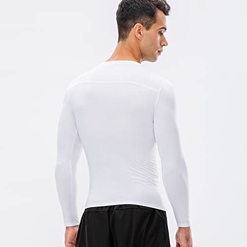 Eargfm Men's Athletic Long Sleeve Compression Shirts Active Running Workout Base Layer Elastic Sports Tops Cool Dry T-Shirts White #TOP3