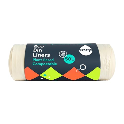 SEEP Compostable 50 Litre Bin Bags x 25 - Eco Friendly Bin Liners - Large Kitchen Bin Bags - 50L Biodegradable Clear Bin Bags - One Roll
