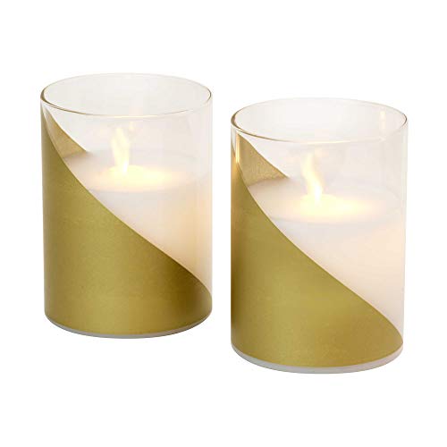 LumaBase Battery Operated LED Glass Candles with Flickering Flame, Gold Accent - Set of 2