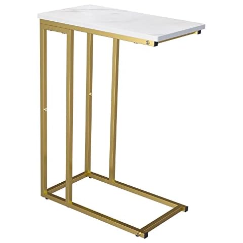 Yusong C Shaped End Table, Couch Side Table That Slide Under Sofa Bed, Small Table for Small Spaces, Skinny Overbed Table, Coffee Drink Snack Table for Living Room, Gold and White Marbled Wooden Top Cover