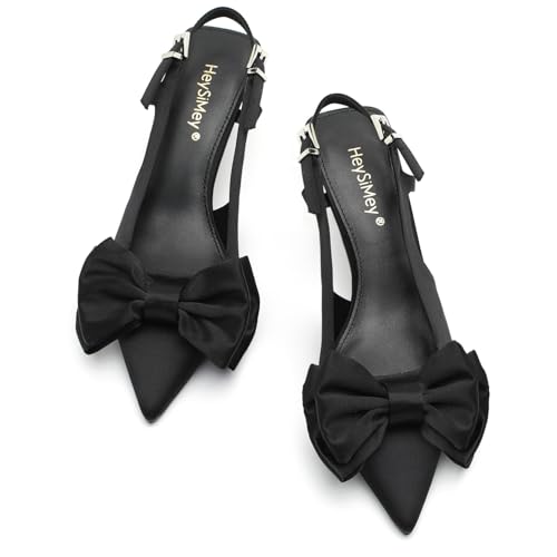 Women's Kitten Low Heels with Bow Party Slingback Low Heel Pointed Toe Short Pumps Prom Wedding Heels for Bride