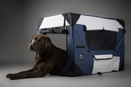 Flamingo Transportkäfig Geronimo blau 35x49,5x35cm - Verstärkter und Faltbarer Rahmen - Herausnehmbarer Boden - Aufrollbare Vorhänge, 3 Staufächer und mit Möglichkeit für eine Trinkflasche