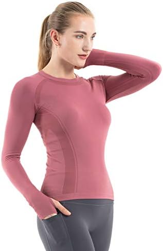 MathCat Seamless Workout Shirts for Women Long Sleeve Yoga Tops Sports Running Shirt Breathable Athletic Top Slim Fit XS-XL Brick Red