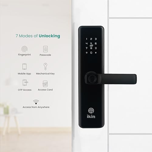 Image of IKIN Smart Door Lock | Digital Lock for Safer Homes | 6- Way Unlocking | Fingerprint | Mobile App | RFID Access | OTP Access | Pincode | Mechanical Key | Wooden Doors (Max SE + WiFi Gateway, Black)