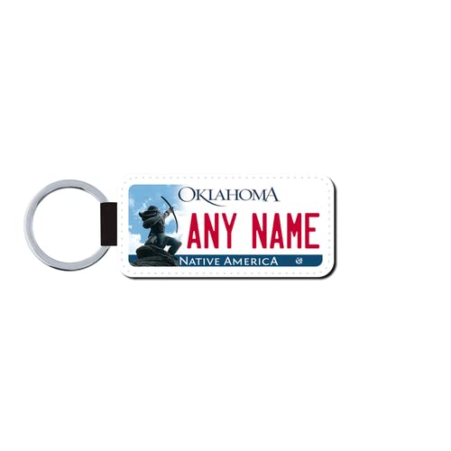 Teamlogo Personalized Oklahoma License Plate Faux Leather Keychain Custom Decorated with Any Name or Text That You Want. Printed in The USA. Ready to Ship on The Next Business Day | Ver 2