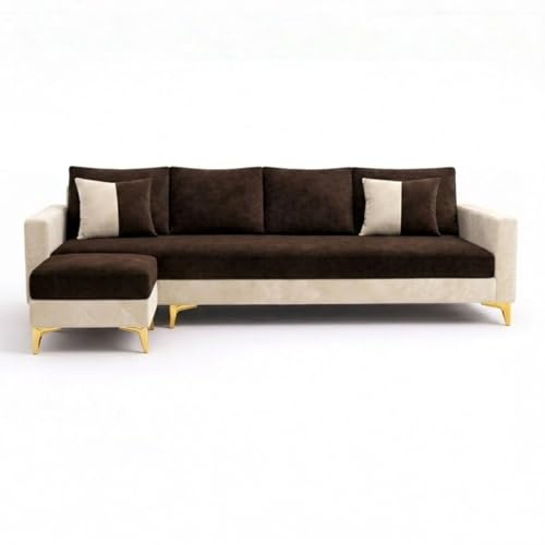 Image of Classiq Rich 5 Seater L Shape Sofa Set with Movable Ottoman | Flexible Layout | Spacious Soft Touch Seating | Designer Sofa for Living Room (Dark Brown & Cream)