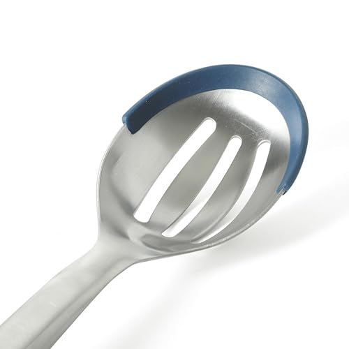 Image of Calphalon Prime Slotted Spoon Skimmer, Stainless Steel Straining Spoon with Navy Silicone Rim, Heat-Resistant Nonstick-Safe Kitchen Spoon for Draining, Cooking & Serving