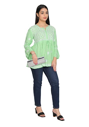 Image of FAWOMENT Women's Rayon Lucknowi Chikan Embroidered Short Frock Style Top - Designer Ethnic Wear with Bell Sleeves - Elegant & Comfortable Kurti for Daily, Festive & Casual Wear