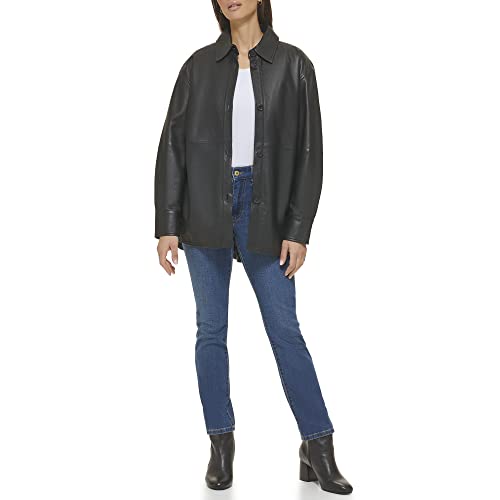 Cole Haan Women's Shirt Collar Button Up Leather Coat2