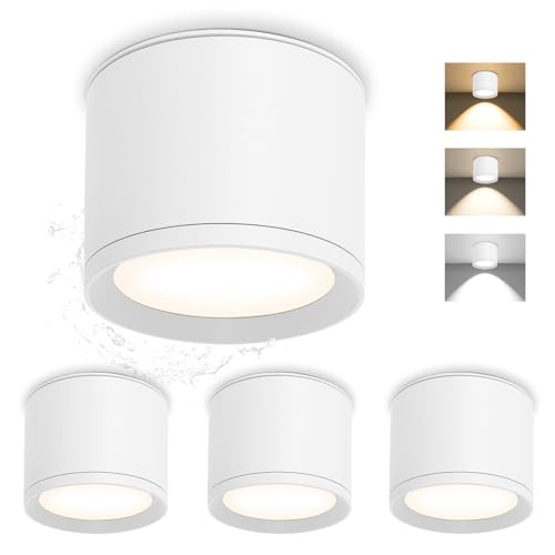 GeyouLux LED Aufbauspots IP44 3CCT Deckenspots Weiß inkl. 7W 800LM LED Leuchtmittel 3000K/4500K/6500K Aufbauleuchte Aufputz Spots Aufbaustrahler für Badezimmer, Flur, Wohnzimmer Rund 4 Stück