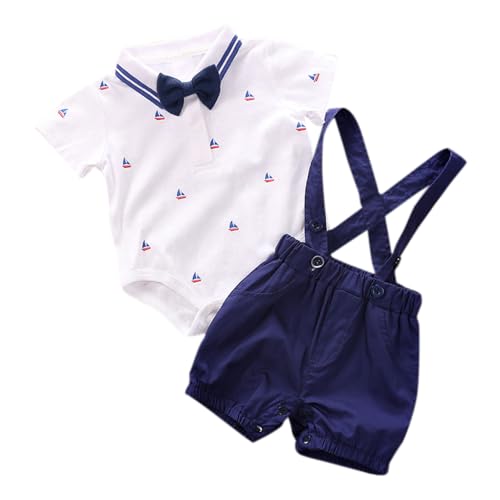 Image of Hopscotch Boys Cotton Graphic Print Formal Set Suspender Shorts Formal Set with Bow in Navy Color