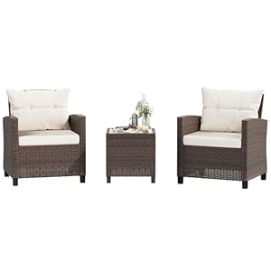Shintenchi 3 Pieces Patio Furniture Set 3 Pieces PE Rattan Wicker Chairs with Table Outdoor Furniture for Backyard/Garden/Poolside/Outdoor Restaurant Brown Rattan with White Cushion