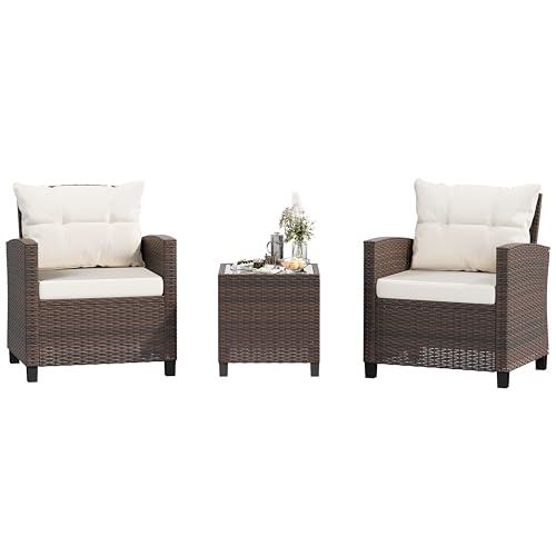 Shintenchi 3 Pieces Patio Furniture Set 3 Pieces PE Rattan Wicker Chairs with Table Outdoor Furniture for Backyard/Garden/Poolside/Outdoor Restaurant Brown Rattan with White Cushion