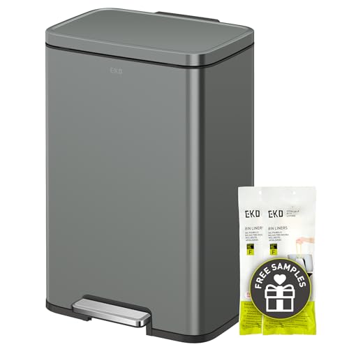 EKO Madison Nardo Grey Stainless Steel 13.2 Gal/50L Kitchen Step Trash Can or Recycling Bin, Removable Inner Liner, Soft Close Lid, Fingerprint Resistant Finish