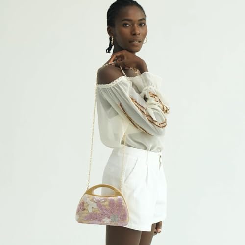 Image of Fashion Women's Evening Bags, Gold Silk Luxury Handbags with Chain Stylish Purses for Wedding Party