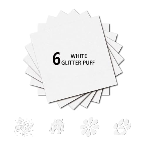 Image of 3D Puff Glitter HTV, 6-Pack 12 inchx10 inch Sheets. Iron-On Vinyl for Fabrics, Compatible with Cricut & Cameo for Easy DIY T-Shirts & Crafts. (White Glitter Puff, 12 inch x 10 inch)