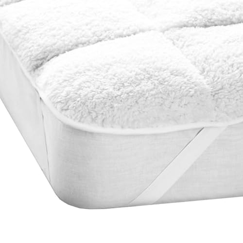Teddy Fleece Mattress Topper Quilted Mattress Bed Protector Thermal Enhancers Elasticated Corner Straps Super Soft Sherpa Fleece Warm Cosy Thick Fitted Sheet (White, Super King)