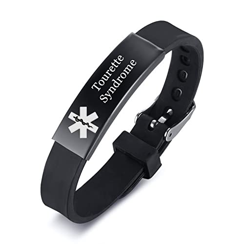 Tourette Syndrome Awareness Bracelet, Adjustable Medical Alert Tourette's Silicone Wristband Bangle for Women Men Teens, Personalized Identification ID Jewelry for Emergency,with Aid Bag