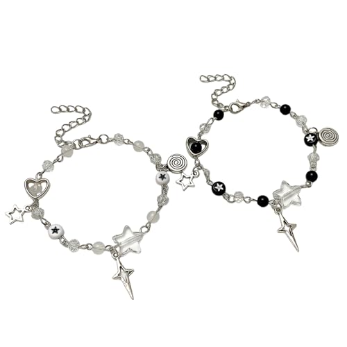 Caiyao Y2K Cool Punk Hollowed Out Pentagram Matching Beaded Bracelet Handmade Guitar Star Pendant Bracelet Aesthetic Imitation Pearl Beads Bracelet for Couples Friends BFF Jewelry Gifts