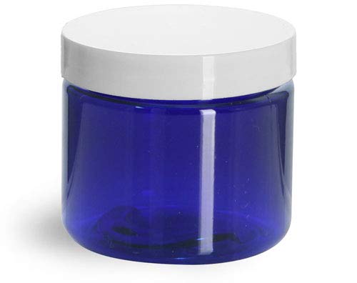 2 oz Blue PET Straight Sided Jars w/White Smooth Plastic Lined Caps