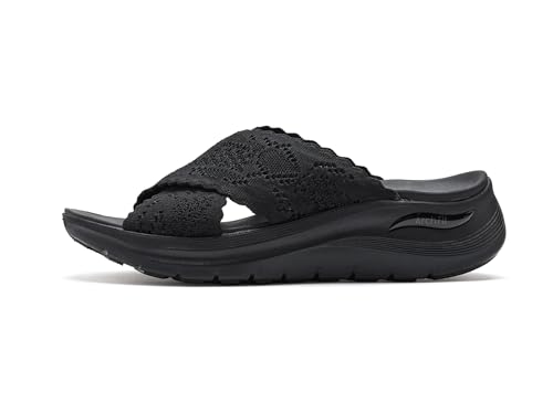Skechers Skechers Women's ARCH FIT 2.0 SANDAL - STILL THE ONE, Crossover Knit Scalloped Slide, Black/Black, 8M