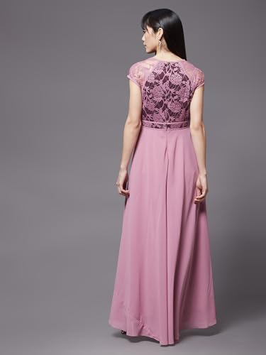 Image of Miss Chase Women's V-Neck Full Sleeve Self Design Lace-Overlaid Georgette Maxi Dress