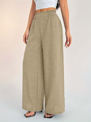 Image of Sugathari Women's Casual Wide Leg Pants - High Waist Elastic Waistband Loose Fit Long Trousers | Lightweight Straight Leg Summer PantsTrouser 254