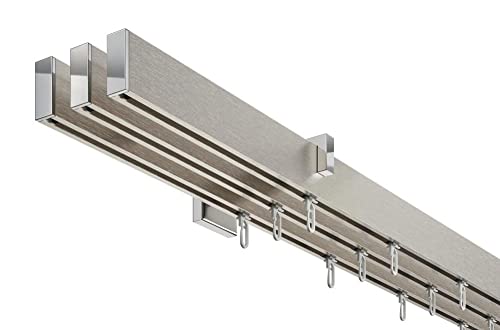 DécoProfi Gardinenstange Innenlauf 3-läufig Set Short rechteckig Silber Eloxiert/Verchromt I Länge: 120cm Aluminium für Wandmontage I Als Gardinenschiene & Vorhangstange geeignet