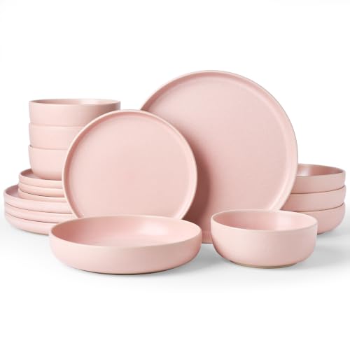 Image of Famiware Milkyway 16-Piece Stoneware Plates and Bowls, Light Pink | Dinnerware Set with Pasta Bowls for 4, Reactive Glaze Dish Set, Microwave & Dishwasher Safe, Chip & Scratch Resistant