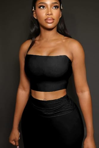 Image of Sexy Women's 2 Piece Lounge Sets Pajama Outfits Casual yoga Crop tube Top High Waist Wide Leg Foldover Flare Pants