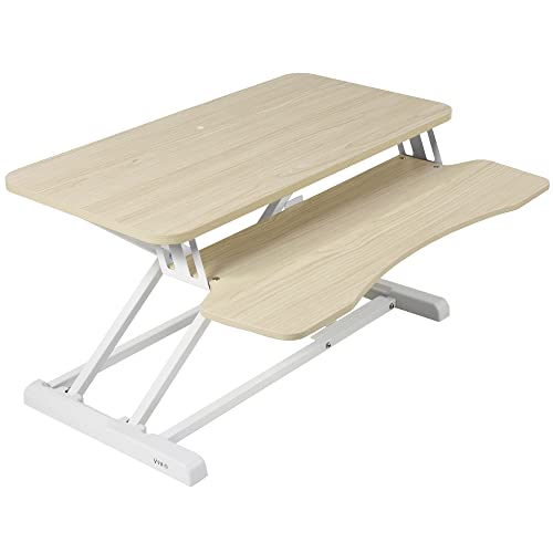 Image of VIVO 32 inch Desk Converter, K Series, Height Adjustable Sit to Stand Riser, Dual Monitor and Laptop Workstation with Wide Keyboard Tray, Light Wood Top, White Frame, DESK-V000KF