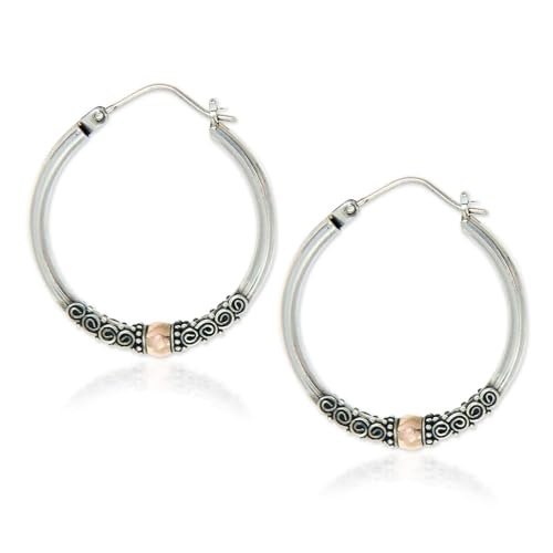 NOVICA Artisan Handmade Gold Accent Hoop Earrings Fair Trade Accented Sterling Silver Indonesia Balinese Traditional [1.2 in L x 0.2 in W x 1.1 in D] ' Two Tone Moon'