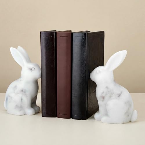 Tosstuki 1 Pair Marble Bunny Bookends Heavy Duty, Rabbit Book Ends