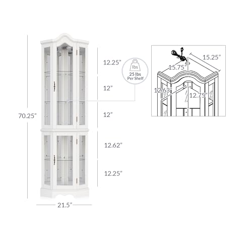 Image of BELLEZE Lighted 3-Side Glass Display Curio Cabinet w / Tempered Glass Doors and Shelves, Curved Wood Corner Cabinet with Bulb, Corner Storage Rack (White)
