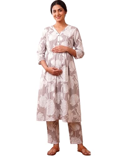 Image of RITIJYA Pure Cotton Feeding Kurta Pant Set for Women | Floral Anarkali Pregnancy Dress with Concealed Nursing Zipper Side Pocket | Pre & Post Partum | Maternity Dresses | Baby Shower Outfit