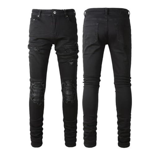 Jeans Pants Trousers Denim Men Street Trendy Stretch Tight Slim Fit Black Patch Punched Small Foot Casual3