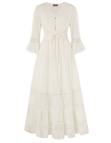 Renaissance Kleid Damen V-Ausschnitt 3/4 Ärmel A-Linie Elastischer Taille Freizeit Maxi Kleider Weiß XXL