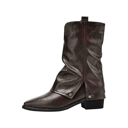 MJGkhiy Botas De Mujer Texanas Western Boots Con Tacón Bajos Botas Con Solapa Marrones Cowboy Botín De Punta Cómodos Camperos Bota Cuero Botines De Invierno, marrón, 38 EU