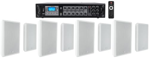 Rockville 6-Zone 70v Amplifier+(8) Slim White Restaurant/Bar/Cafe Wall Speakers