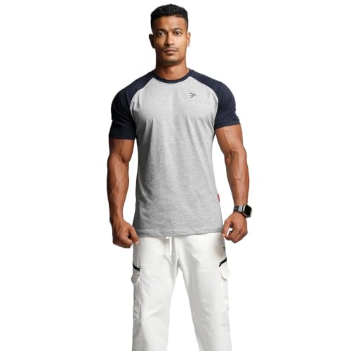 Image of Men's Cotton Short Sleeve Raglan Crew Neck Gym Workout Athletic Tee | Breathable raglan crew neck tee with mild elasticity, suitable for workout, fitness exercise and daily casual wearing