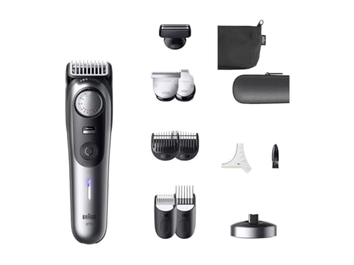 Braun Recortadora de barba de la serie 9, 12 herramientas de barbero, modo Power Boost y ProBlade fiable, 180 minutos, efecto de sombreado, perilla de ajuste PrecisionWheel y bloqueo, BT9560, cromo