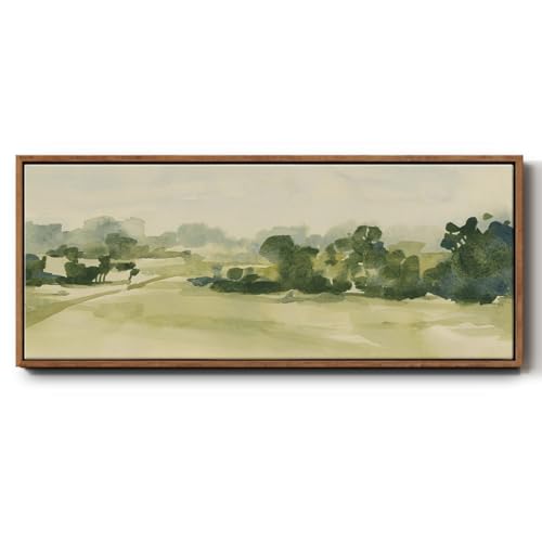 Renditions Gallery Floater Framed Canvas For Office Natural Watercolor Pasture Rural Land Painting for Office Bedroom Kitchen Lobby - 20"X50" WALNUT Frame GAL039