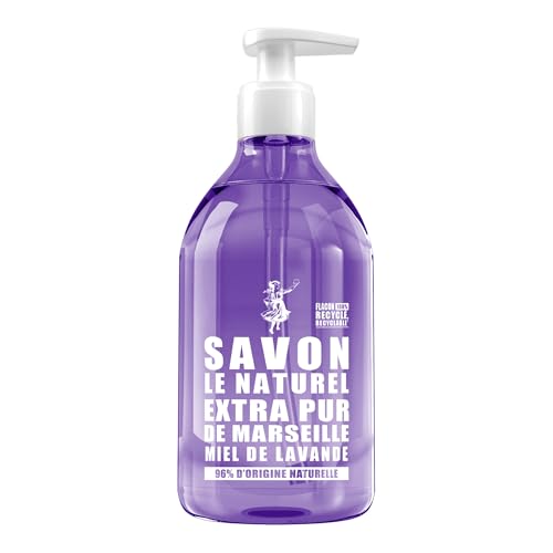 Savon Le Naturel - Savon Liquide Extra Pur de Marseille au Miel de Lavande - Origine Naturelle - Huiles Végétales et Glycérine - Tous Types de Peau - Sans Colorants - Antibactérien - 500 ml