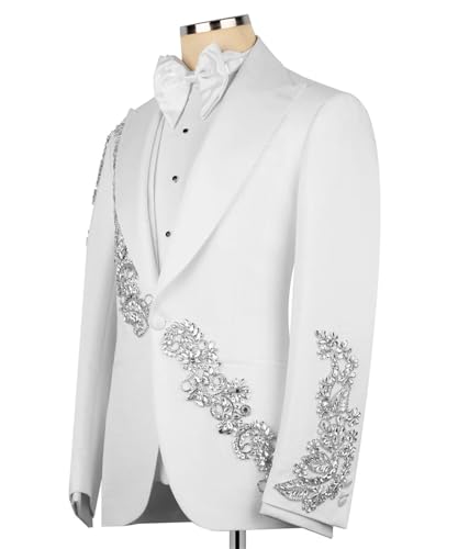 Men's Beads Suit Slim Fit White Luxury Sequins Floral Tuxedo Blazer Jacket for Wedding Party Prom Peaked Lapel4