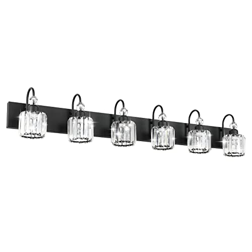 Image of Ralbay Modern 6-Light Black Crystal Vanity Lights for Bathroom - Matte Black Crystal Wall Light Fixtures