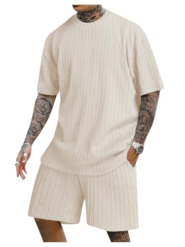 Men's 2 Piece Outfits Textured Drop Shoulder T Shirt and Short Sets Summer Outfits Tracksuit