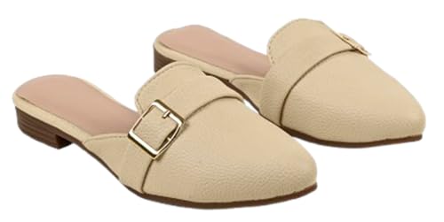 ALEEM SHOES Beige Faux Leather Mule Flats, Backless Slip-On Loafer with Gold Buckle, Round Toe, Casual & Offic