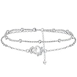 BerriBling Tobillera Pulsera Mujer Plata de Ley 925 - Tobillera Pulsera Huellas de Animales Doble Cadena con Cuentas y Circonita Verano Descalzo Playa Cadena de Pie, Ajustable -22cm+4cm
