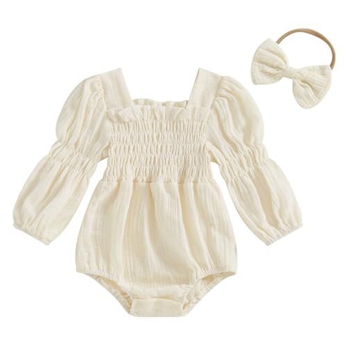 Smocked Baby Girl Clothes Newborn Bubble Romper Solid Linen Long Sleeve Onesie and Headband Cute Photography Outfits